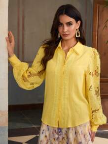 ZEYLAH Elegant Embroidered Lantern Sleeve Linen Shirt, Spring/Summer - Yellow - View 4