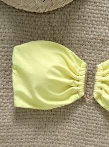 SHEIN Swim 女士夏季海滩纯色抹胸金属装饰比基尼上衣 - 黃色 - 查看 3