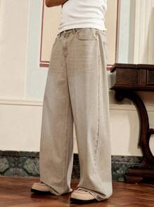 SWAVVY 男士休闲梭织宽松长裤，日常年轻休闲风格 - 卡其色 - 查看 3