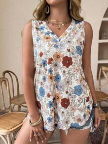 EMERY ROSE Top Elegante de Estampa Floral, Estilo Vintage, Sem Mangas, Gola com Laço, Plus Size, Primavera/Verão