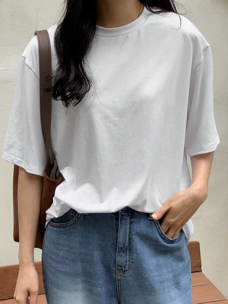 Basic Loose Casual Round Neck Women's T-Shirt, Spring/Summer