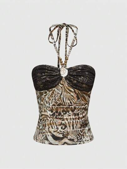J-Fashion Y2K Gyaru Leopard Print Rhinestone Embellished Halter Neck Sparkly Blouse For Women