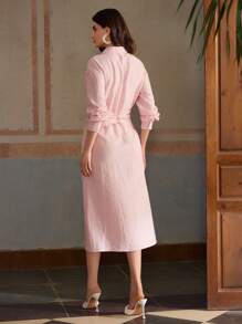 ZEYLAH Vestido camisa de manga larga convertible de lino con cuello