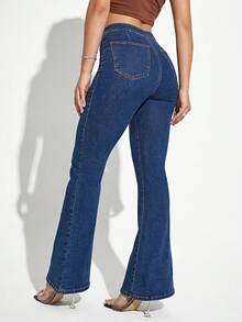 SHEIN ICON Plus Size Women Casual Flared Stretch Denim Jeans, Dark Blue - Dark Wash - View 2