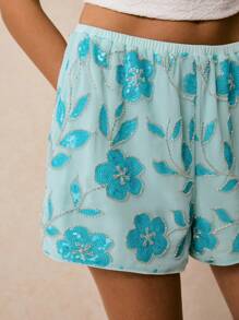 Poéselle 女士刺绣亮片装饰弹性腰部夏季时尚短裤 - 藍色 - 查看 3