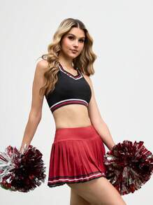 Cheerettes 女式撞色条纹和心形印花无袖上衣搭配百褶裙运动套装