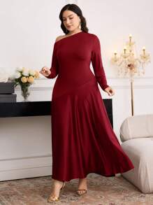 Modelyn Vestido elegante de manga larga con cuello asimétrico y unicolor para mujer de talla grande - Burdeos - Ver 6