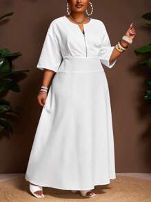 Veslaya 春夏新品，休闲优雅通勤及休闲度假之选，纯白色宽松短袖V领半拉链腰带A字型长款衬衫裙，大码白色连衣裙，大码白色连衣裙，大码正式连衣裙 - 白色 - 查看 2
