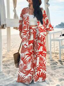 SHEIN VCAY Conjunto de 2 piezas de camisa y pantalón con estampado de hojas, talla grande, adecuado para vacaciones