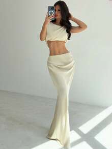 Firerie Women's Elegant Sophisticated Romantic Fashion New Holiday Party Music Festival Daily Draped Lapel Sleeveless Cropped Shirt Top And Low Waist Pleated Super Long Skirt Apricot 2 Pieces Set - Apricot - View 7