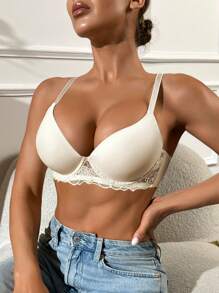 SHEIN 1pc Seamless Lace Patchwork Comfort Bra With Light Padding And Wire