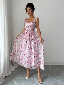 Elenzga Vestido de vacaciones romántico para mujer, vestido sin mangas con tirantes de espagueti, volantes en la espalda y estampado floral diminuto para el verano