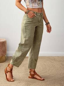 EMERY ROSE 女式口袋直筒宽松休闲百搭牛仔裤 - 軍綠色 - 查看 3