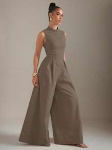 Hauture Extreme Wide Leg Zip Front Sleeveless Jumpsuit - Camel - View 3