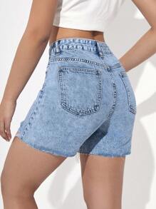 SHEIN EZwear Quần short denim mùa hè giản dị, đa năng, có túi trơn viền tua rua - Rửa trung bình - Xem 2