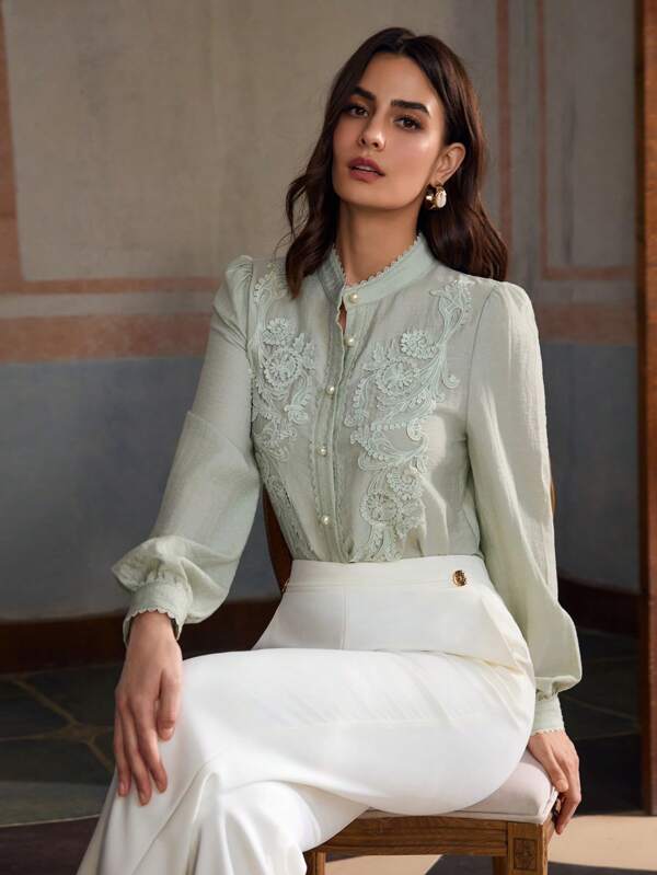 ZEYLAH Women's Linen Shirt With Lace Applique Decoration, Long Sleeve