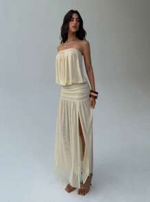 Aloruh 女士新款杏色露肩露背连衣裙，褶皱简约设计长裙，飘逸连衣裙，透视女士连衣裙，春夏季沙滩裙海滩度假装，奶油黄色女士夏季连衣裙 - 杏色 - 查看 4