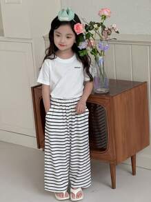 DAZY 2pcs/Set Young Girls Round Neck Loose T-Shirt And Casual Striped Straight Leg Pants,Girls Summer Outfits - Black and White - View 4