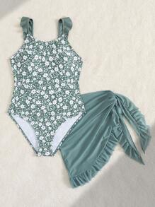 女童连体泳衣，蝴蝶结印花，荷叶边肩带设计和荷叶边裙，可爱适合游泳、海滩和度假 - 墨綠色 - 查看 5