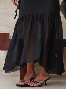 Dazy-Less Falda de tul con dobladillo de cola de sirena para mujer, elegante conjunto de vestido de dos piezas con cinturón de borlas y lazo floral para uso casual, de negocios o de vacaciones