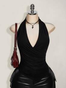 SHEIN ICON Plus Size Wrap Ruched Black Asymmetric Hem Halter Top For Women, Y2K Style, Suitable For Summer, Daily Wear,Club Sexy,Going Out Tops - Black - View 1