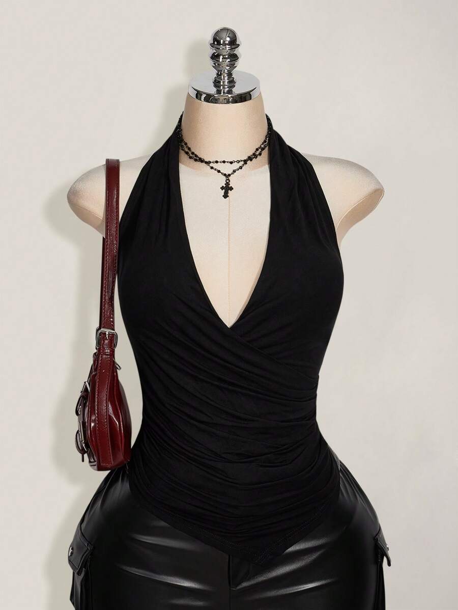 SHEIN ICON Plus Size Wrap Ruched Black Asymmetric Hem Halter Top For Women, Y2K Style, Suitable For Summer, Daily Wear,Club Sexy,Going Out Tops - Black - View 1