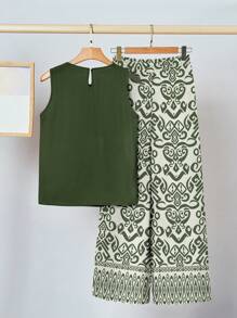 SHEIN Clasi 2件套女士绿色休闲图案套装，适合夏季日常通勤 - 綠色 - 查看 2