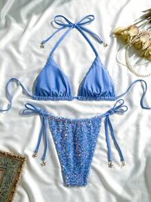 Swim Mod 2 件套女士优质亮片花卉刺绣挂脖三角比基尼套装，带系带侧边细节，夏季 - 藍色 - 查看 6
