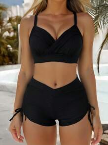 Swim Basics 2pcs Women's Swimsuit Set, Ribbed Crossed Bottoms, European Style Beach Wear For Summer Beach Vacation - Black - View 6