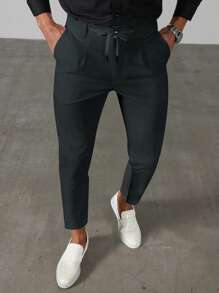 Calvornis Men's Business Casual Style, INS Matched With A Cost-Effective Featuring Trousers. This Comes With A Waist Tie Design, Making It Suitable For Business Commuting, Banquets, And Everyday Wear. It Also Serves As An Ideal Gift For Boyfriends Or Husbands. Men's Solid Color Drawstring Waist Business Casual Dress Pants, Casual Pants, Old Money Style - Grey - View 3