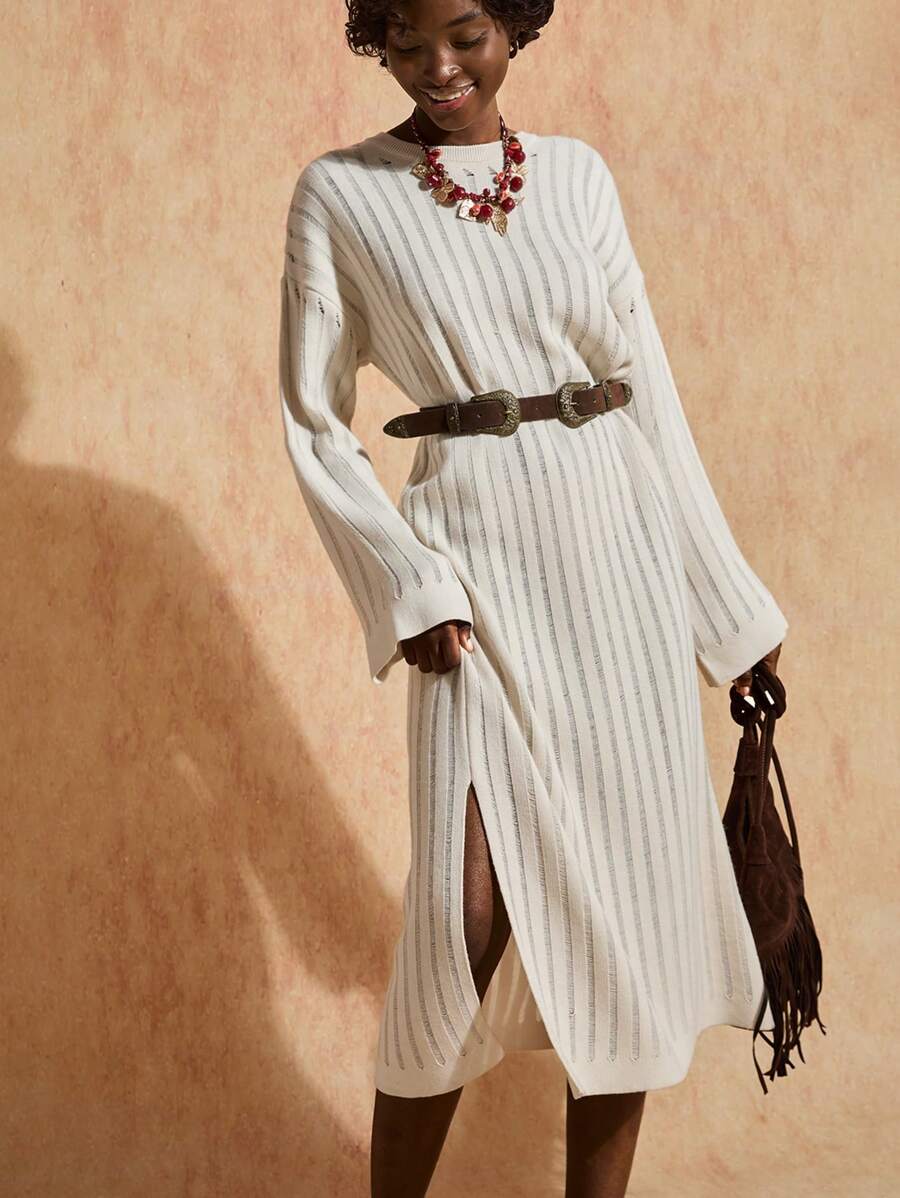 Bóhologie Robe pull longue de style bohème avec motif côtelé point lancé, couleur crème - Crème - Voir 1