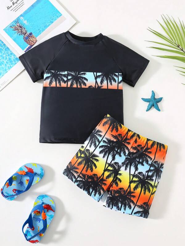 SHEIN 2Pcs Kids/Young Boys Comfortable Tropical Coconut Tree Print Soft Short Sleeve Top And Matching Coconut Tree Pattern Shorts Set, Versatile Summer Resort Outfit