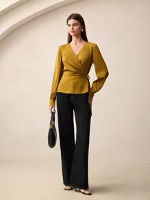 BizChic Women's V-Neck Tie Waist Long Sleeve Satin Blouse, Urban Commute Office Business Casual Elegant Lady Formal Shirt Top