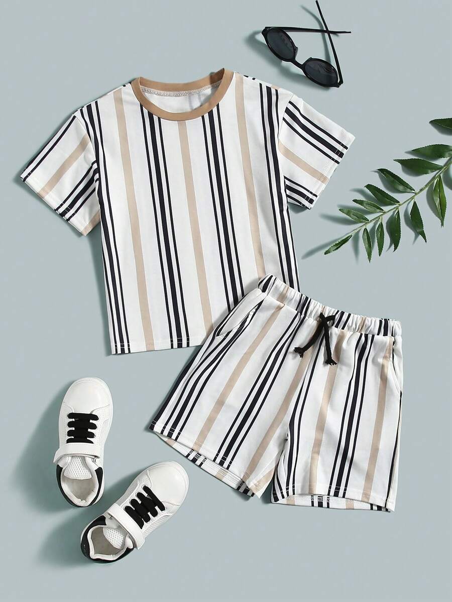 SHEIN Young Boy Striped Graphic Tee & Shorts Set - Multicolor - View 1