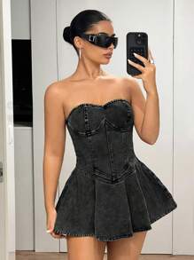 SHEIN ICON 女士简约短款牛仔抹胸连衣裙，休闲日常穿着 - 黑色 - 查看 6