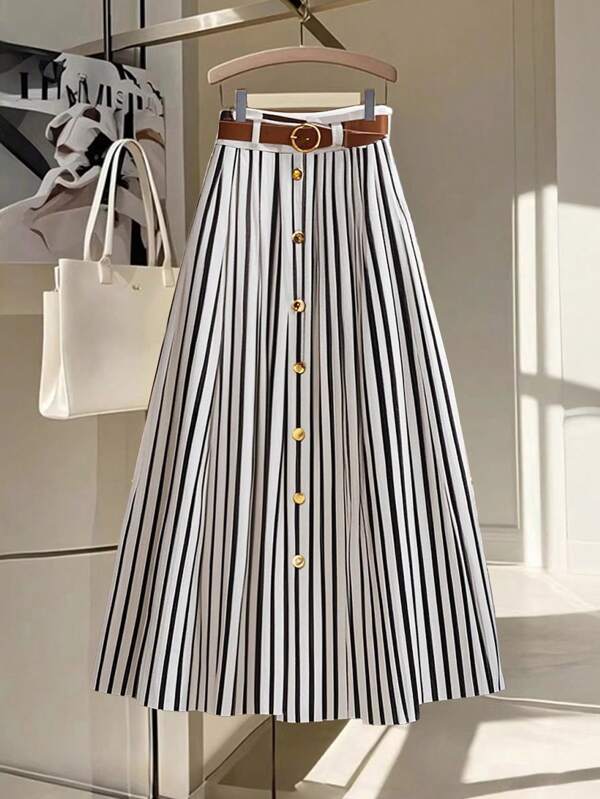 Franclia Casual Fashionable Versatile Elasticated Waist With Brown Leather Belt Pleated Midi Skirt