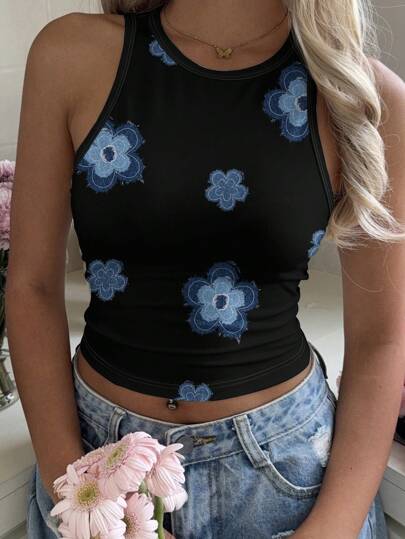 Mulvari Cute Faux Denim Floral Print Round Neck Slim Fit Tank Tops For Women, Suitable For Summer Chic