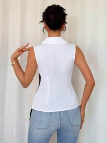 SHEIN Unity 女式优雅 V 领、纽扣装饰、褶饰、不对称下摆、无袖、仿两件套黑白拼色衬衫，春夏 - 黑與白 - 查看 2