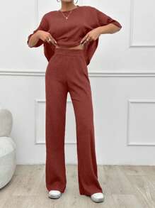SHEIN Tall Cotton Simple Summer Solid Loose Drop Shoulder Short Sleeve Top And Straight Pants, Tall Women - Redwood - View 5