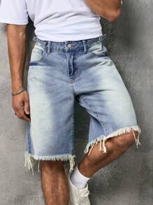 Manfinity Homme 男士口袋磨边休闲百慕大牛仔短裤 - 淺色水洗藍 - 查看 4