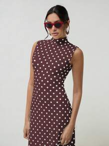COSMINA 优雅女士春秋波尔卡圆点印花立领无袖鱼尾长款复古风格优雅连衣裙 - 棕色 - 查看 5