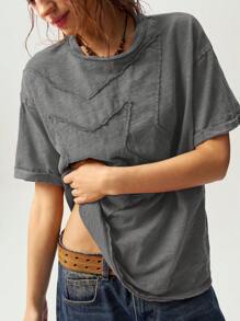 Bohemela 女士纯色针织圆领短袖宽松水洗星星图案T恤，夏季 - 灰色 - 查看 5