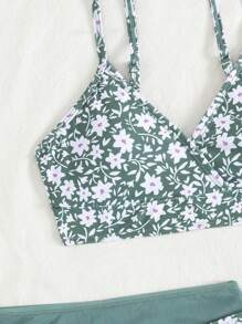 3 件套青少年女童印花比基尼泳装套装三件套泳衣套装青少年三件套泳衣花卉印花比基尼套装比基尼套装带裙青少年女童泳衣 - 墨綠色 - 查看 3