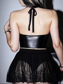 ROMWE Grunge Punk Sexy Punk Metal Rivet PU Splicing Mesh Tight Neck Tank Top - Black - View 4