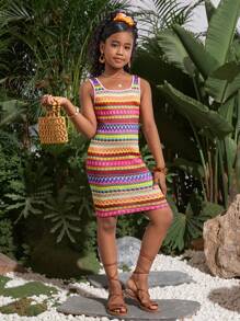 Vestido de punto ajustado con textura tropical de verano para niñas preadolescentes, conjunto a juego de mamá e hija (se venden por separado 3 piezas)