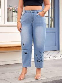 SHEIN Essnce Große Größen Jeans mit Blumenmuster und Taschen, vielseitig einsetzbar