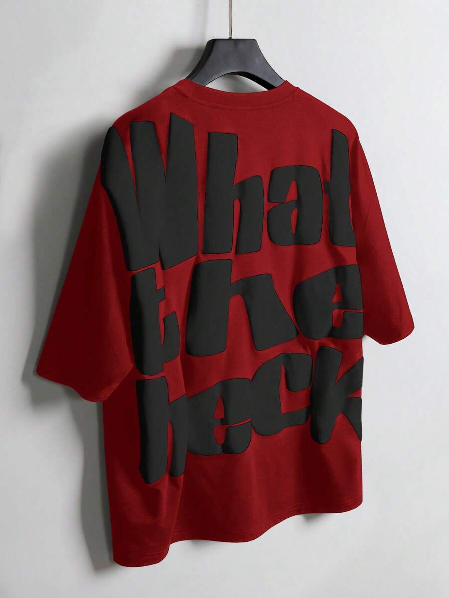 Manfinity EMRG 字母印花男士成熟休闲T恤，夏季时尚红黑图案T恤What The Heck Tshirt标语图案T恤男士图案T恤红色T恤 - 紅色 - 查看 1