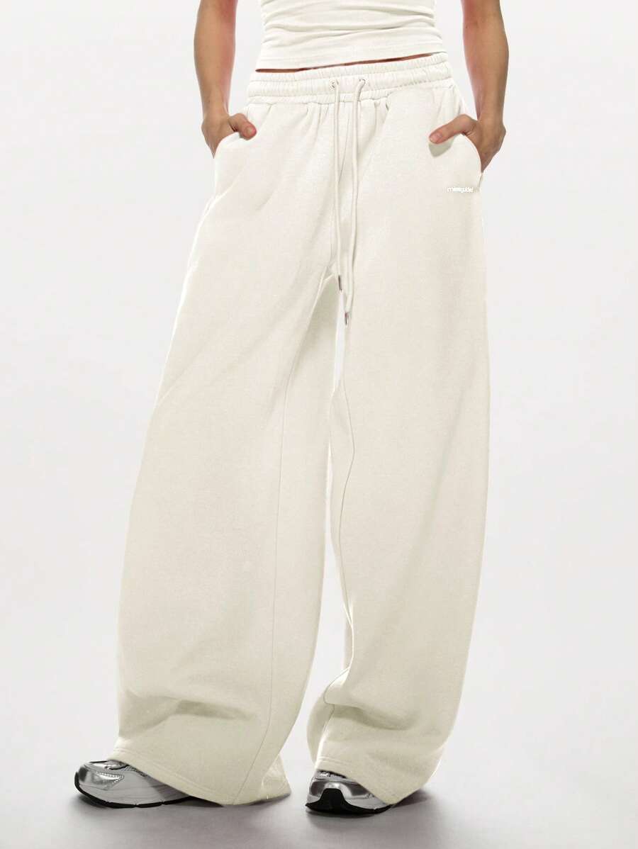 MISSGUIDED Quần dài thể thao ống rộng cạp cao có dây rút Quần chạy bộ oversize vừa vặn thường ngày thể thao mặc ở nhà Quần tập luyện thể dục - Kem - Xem 1