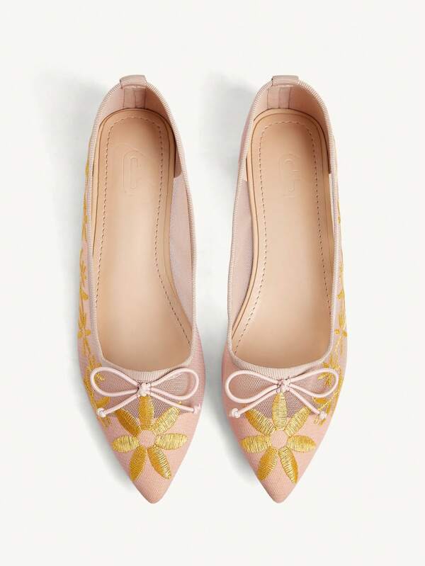 CUCCOO CHICEST Women's Summer New Arrival Bow Embroidered Lace Pointed Toe Flats, Elegant Casual Comfortable Shallow Pink, Yellow Mesh Ladies Ballet Flats, Versatile Holiday Beach Hawaii Style