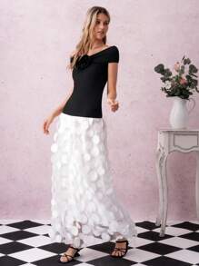 SHEIN Clasi Women's Casual Solid Color 3D Floral Decor Off Shoulder Ruched Top, Mesh Inset Embroidered Polka Dot Fabric Dress - Black - View 1